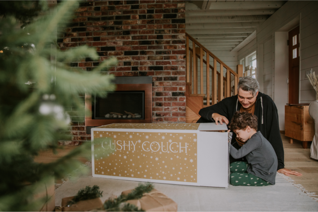 Opening Cushy Couch box on Christmas